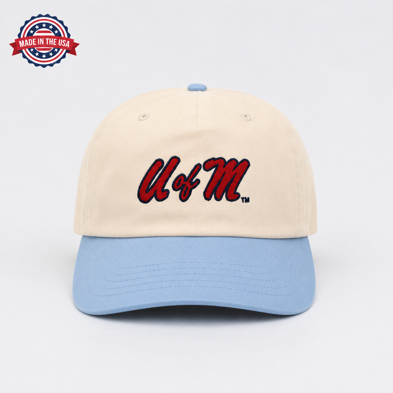 Ole Miss U of M 5 Panel Hat- White/Powder