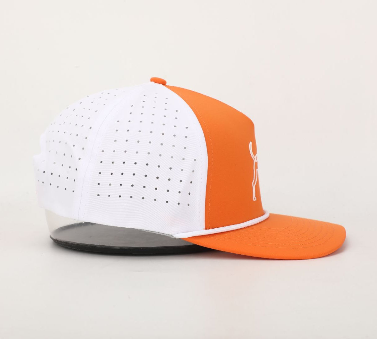 Orange and white cap on a light gray background