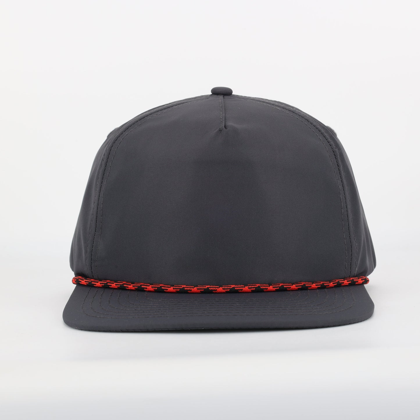 A black and red rope-embellished unstructured poly material low-crown hat with a 5-panel perforated mesh sweatband.