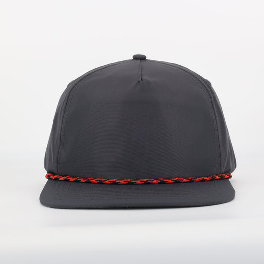 A black and red rope-embellished unstructured poly material low-crown hat with a 5-panel perforated mesh sweatband.