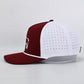 Maroon and white baseball cap with a logo on a light gray background