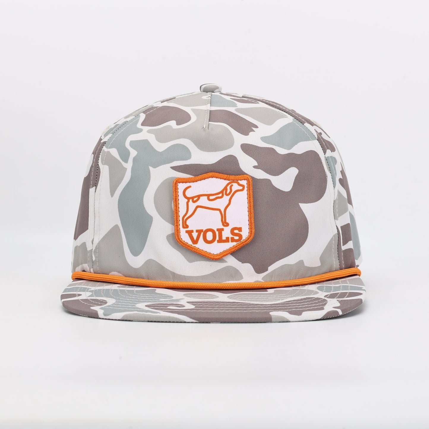 Camouflage cap with orange accents and 'VOLS' logo on a white background
